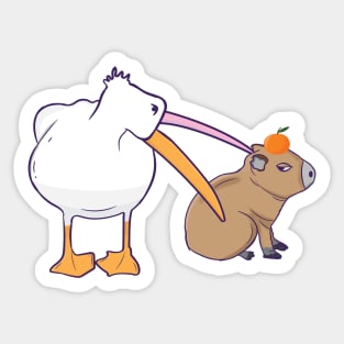 Pelican Tries to Eat Capybara Orange  Funny Cute Kawaii Meme Sticker